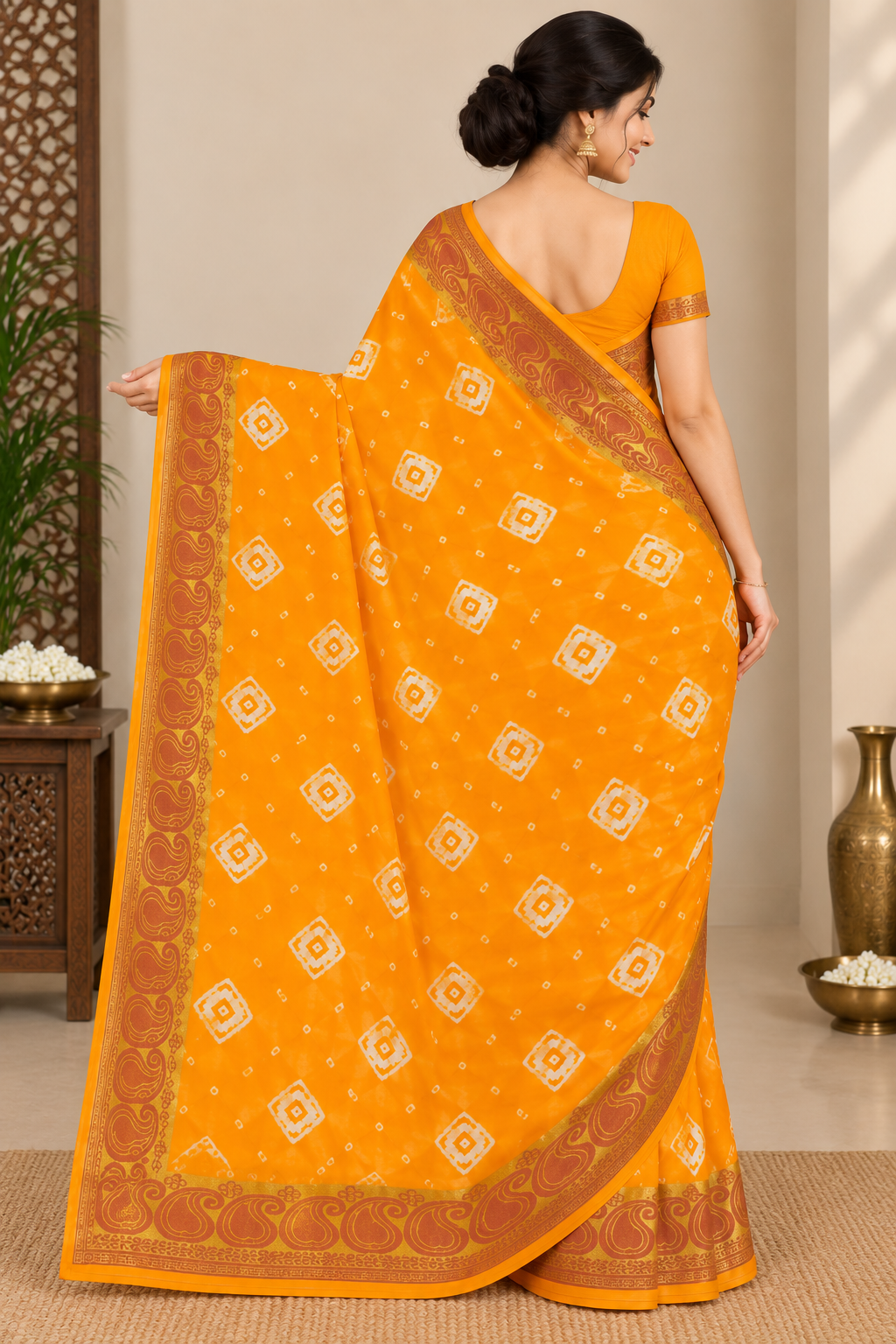 Yellow Cotton Bandhani Saree