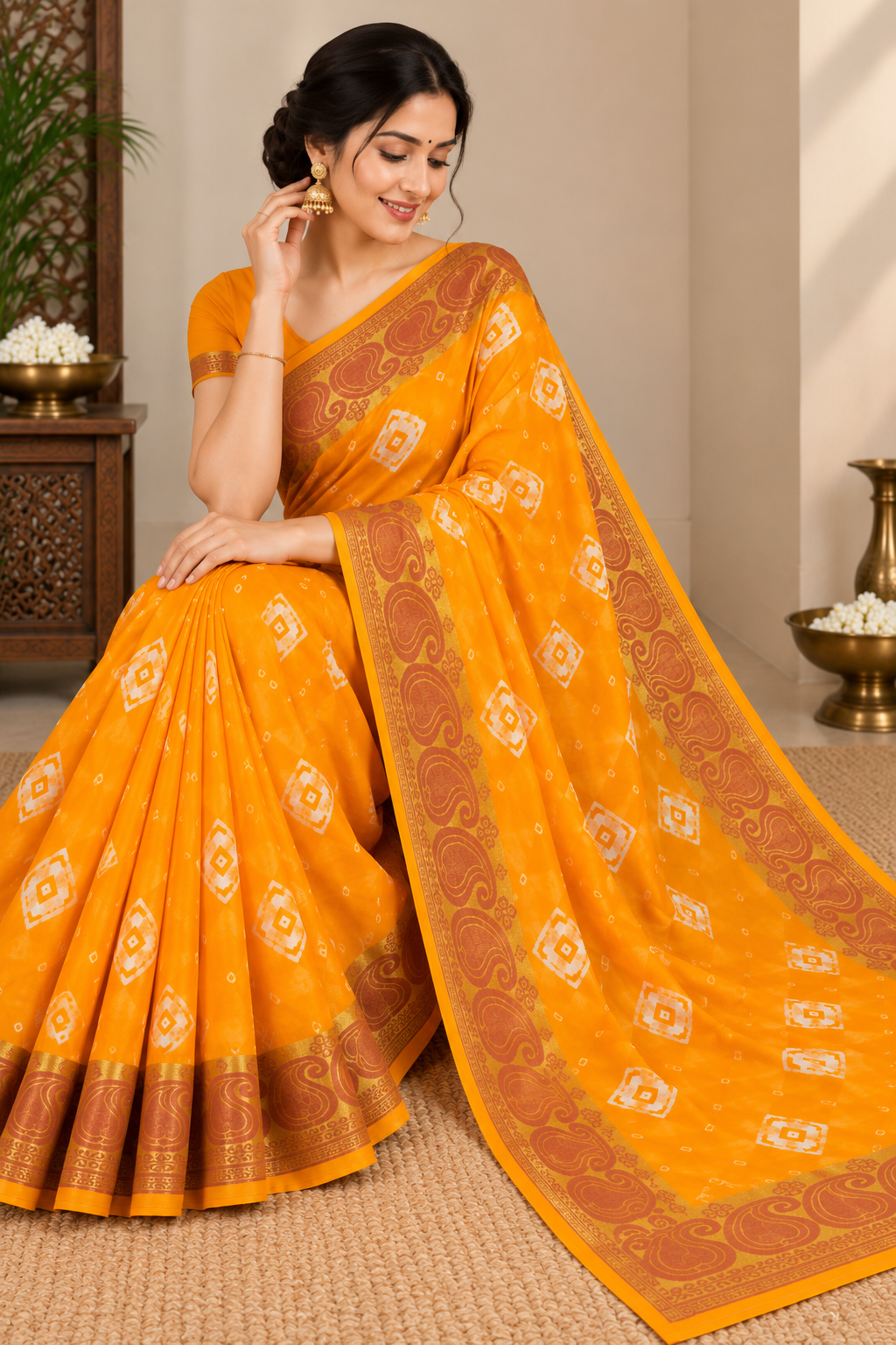 Yellow Cotton Bandhani Saree