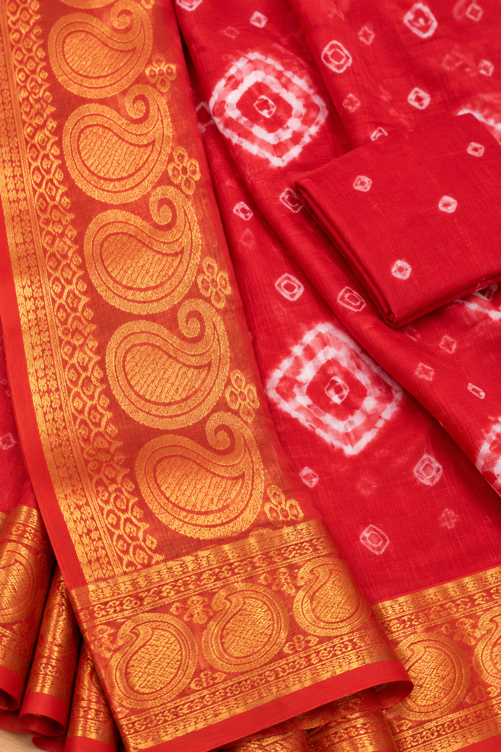 Red Cotton Bandhani Saree
