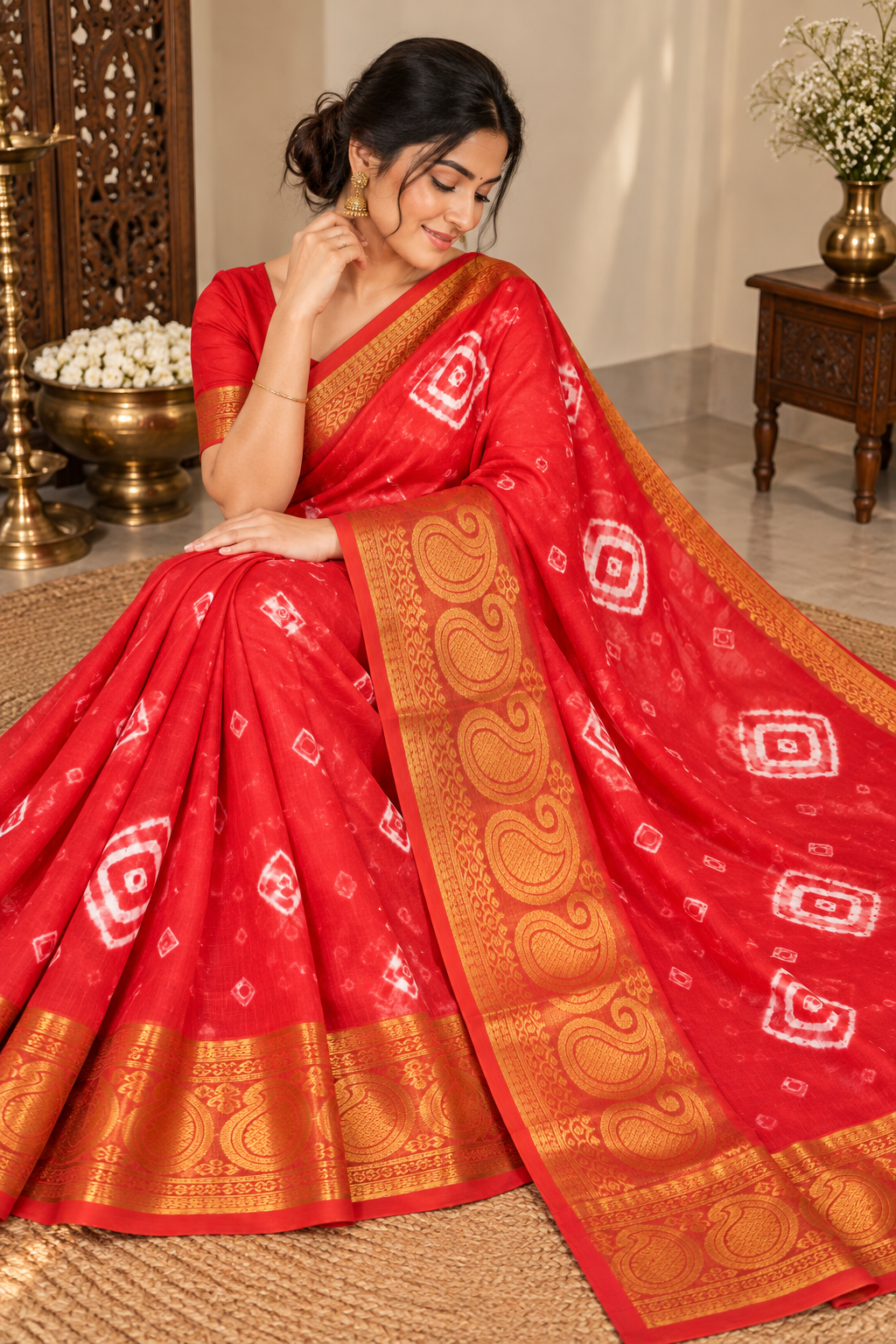 Red Cotton Bandhani Saree