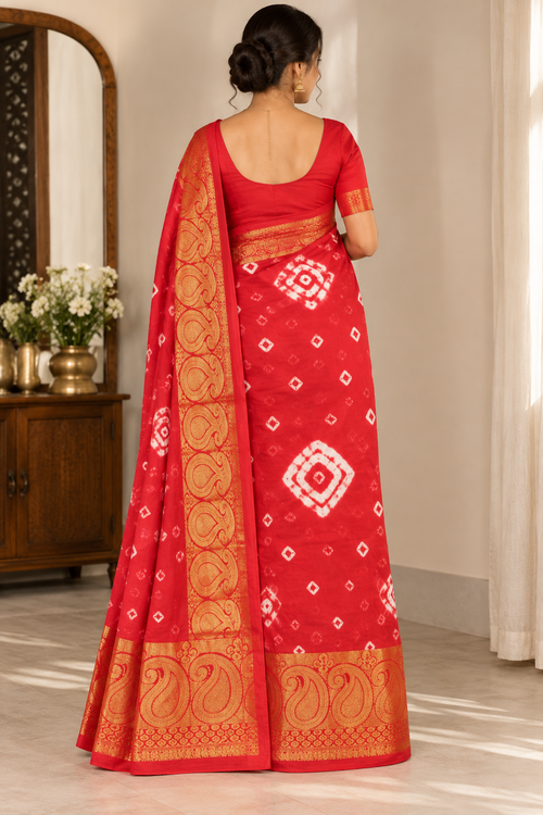 Red Cotton Bandhani Saree