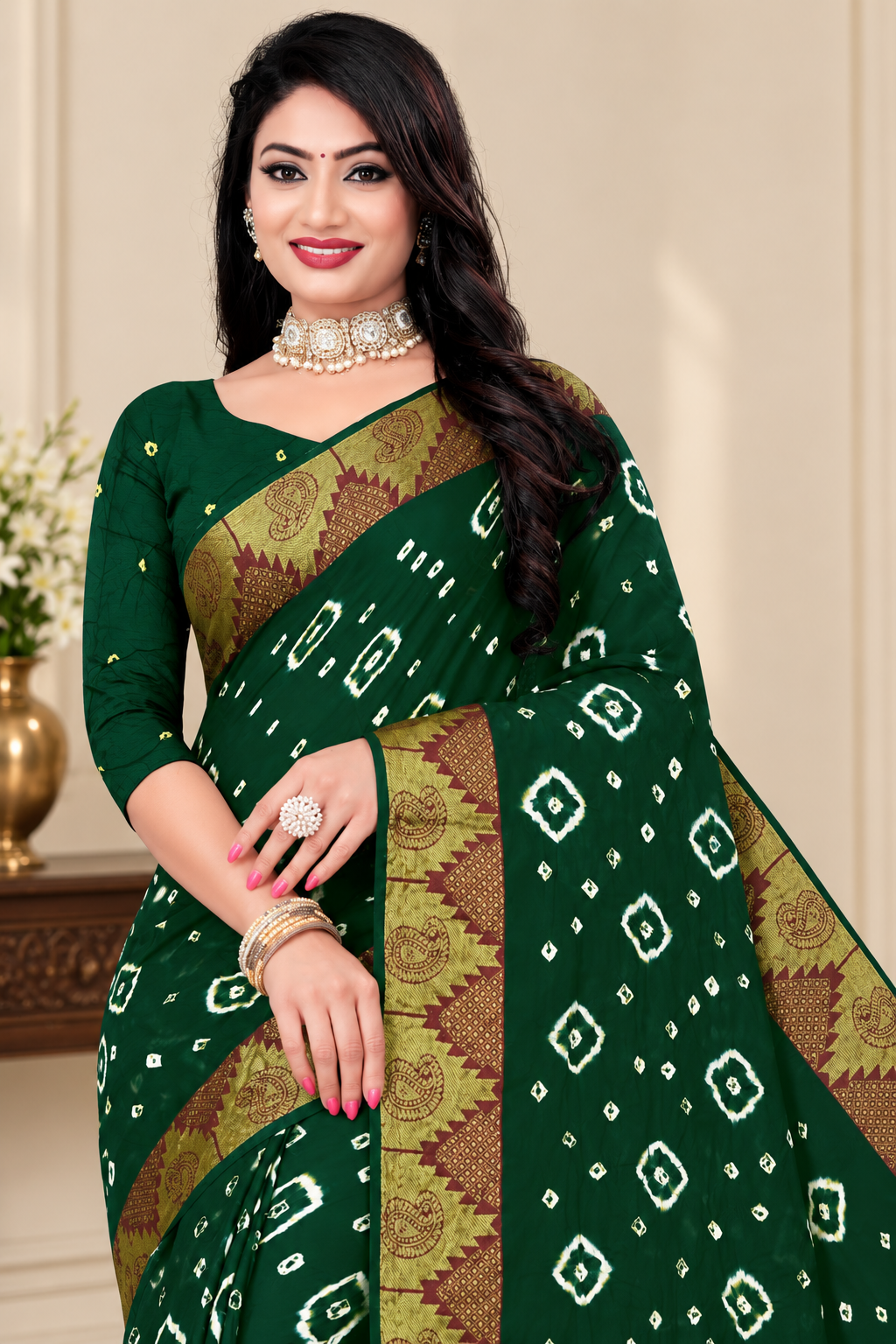 Green Cotton Bandhani Saree