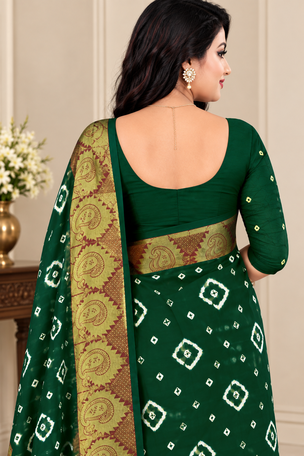 Green Cotton Bandhani Saree