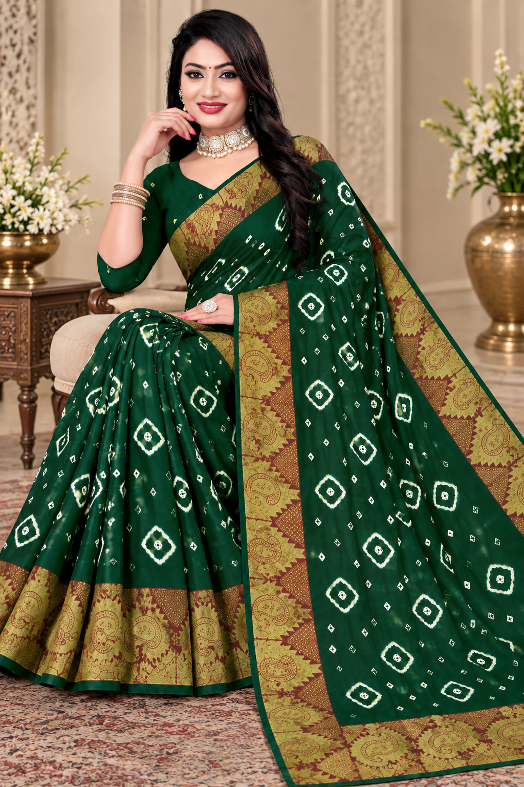 Green Cotton Bandhani Saree