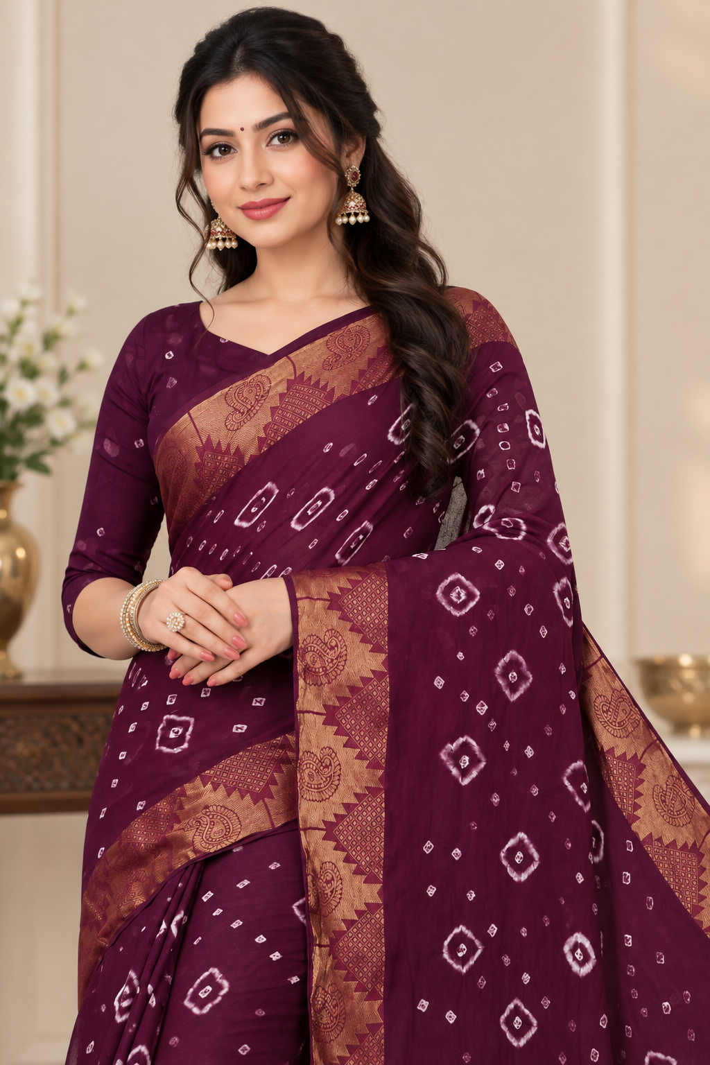 Maroon Cotton Bandhani Saree