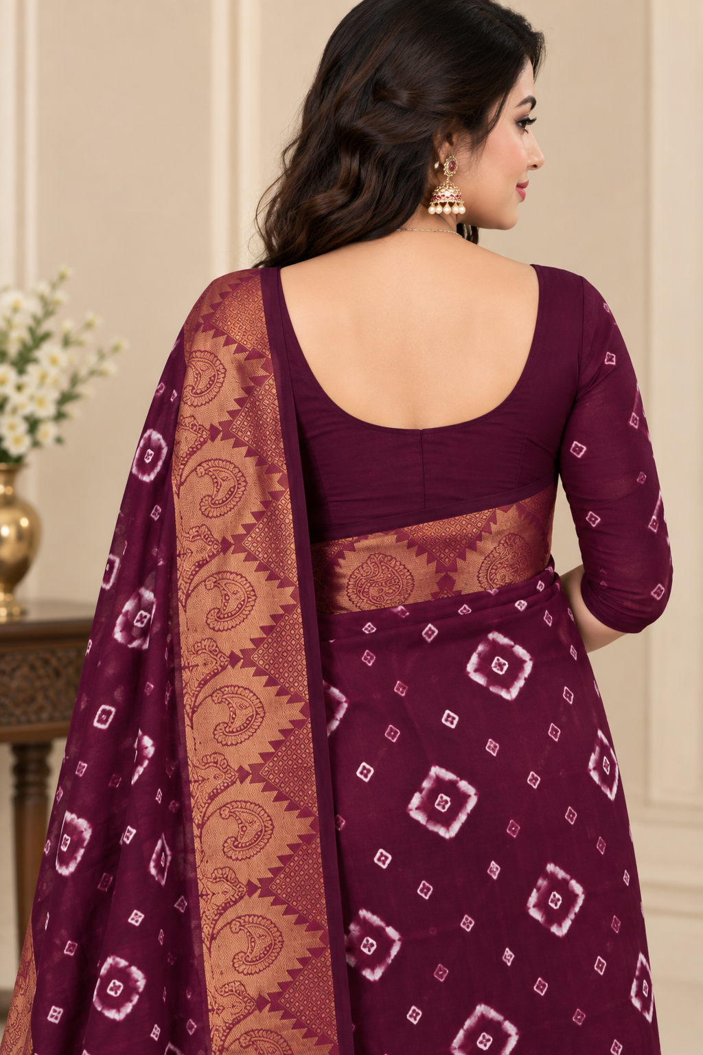 Maroon Cotton Bandhani Saree