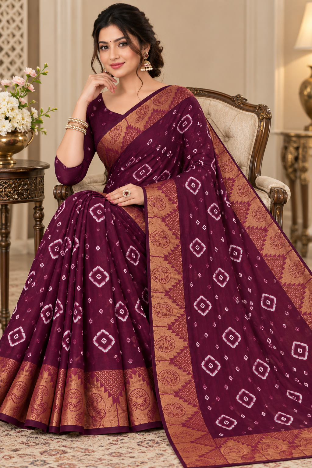 Maroon Cotton Bandhani Saree