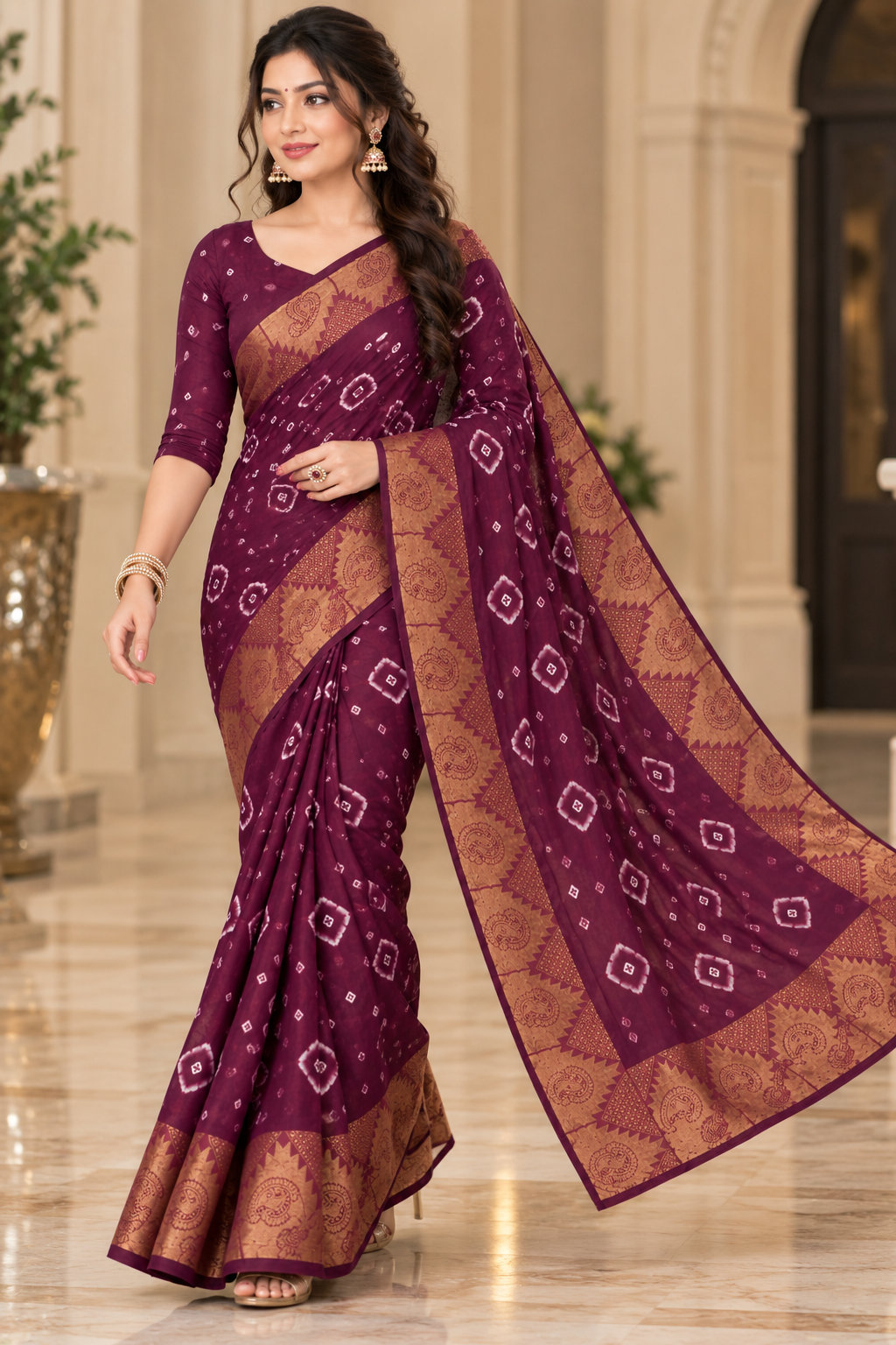 Maroon Cotton Bandhani Saree