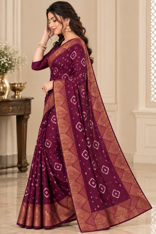 Maroon Cotton Bandhani Saree